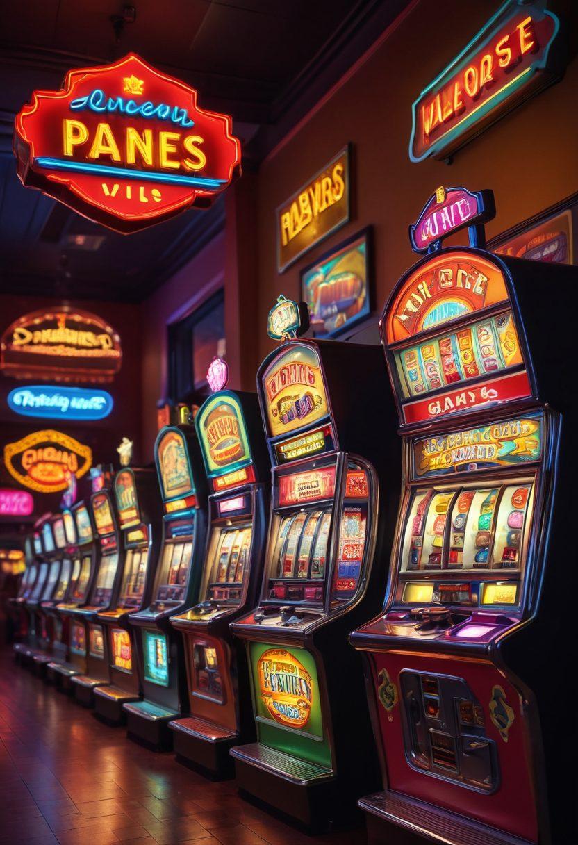 A colorful and inviting penny arcade, featuring vintage slot machines and cheerful players enjoying their games. Include elements of online gaming, like a computer screen displaying a big win notification and digital coins streaming out. Bright neon lights illuminate the scene, creating an atmosphere of excitement and fun. Convey a sense of safety and enjoyment in gambling through friendly interactions among players. super-realistic. vibrant colors. retro style.
