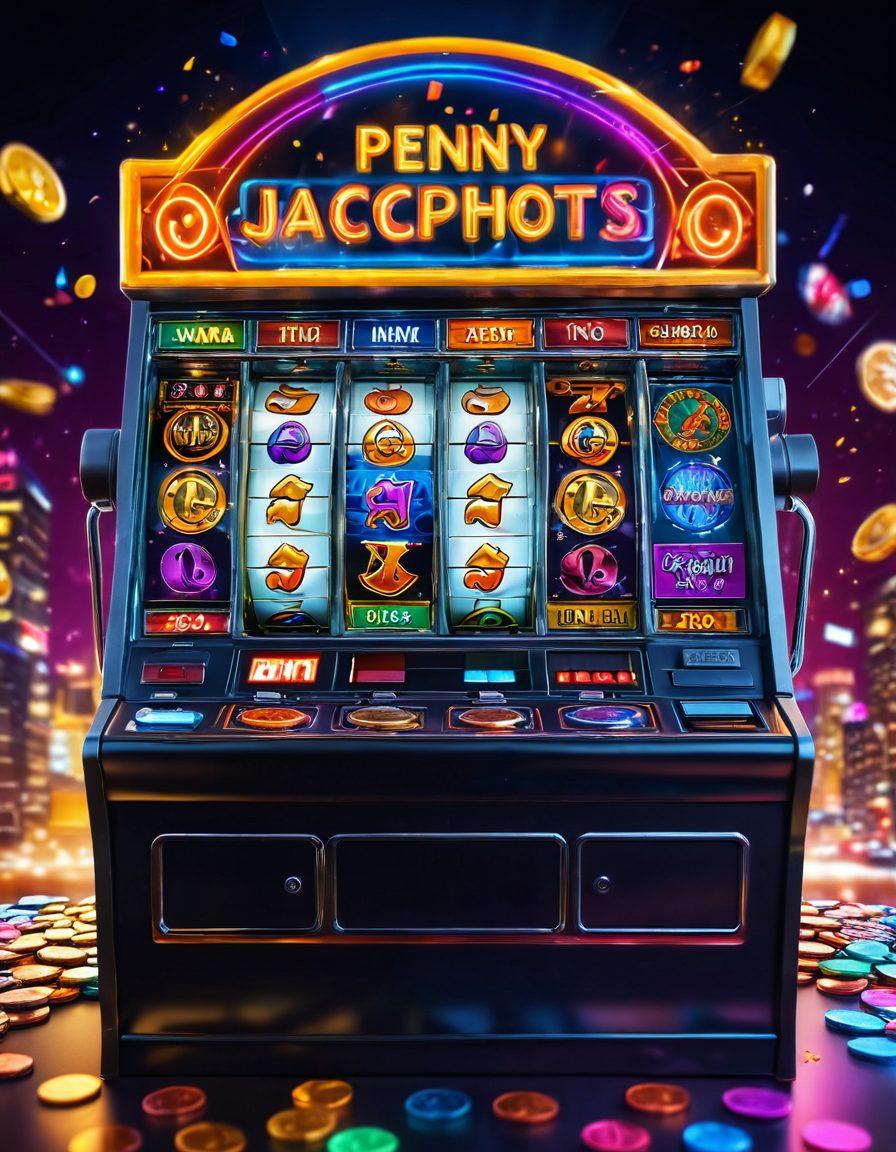 A vibrant and dynamic scene of a penny slot machine surrounded by colorful coins, sparkling lights, and an excited player winning a jackpot. Incorporate elements of an online casino atmosphere, like a digital screen displaying colorful game graphics and symbols. The setting should feel fun and enticing, inviting viewers to explore the world of online gambling. Include a playful background with hints of luxury to reflect the thrill of winning big. digital art. vibrant colors. detailed textures.