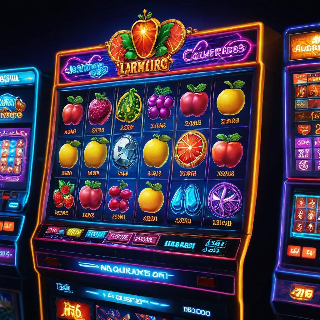 A vibrant casino scene featuring a diverse array of online slot games displayed on glowing screens, showcasing various themes from classic fruits to adventurous quests. Include excited players of different backgrounds interacting with the games, with animated symbols like coins and jackpots flying around. The setting should have a lavish, digital aesthetic with neon lights and a dynamic, high-energy atmosphere. super-realistic. vibrant colors. digital art.